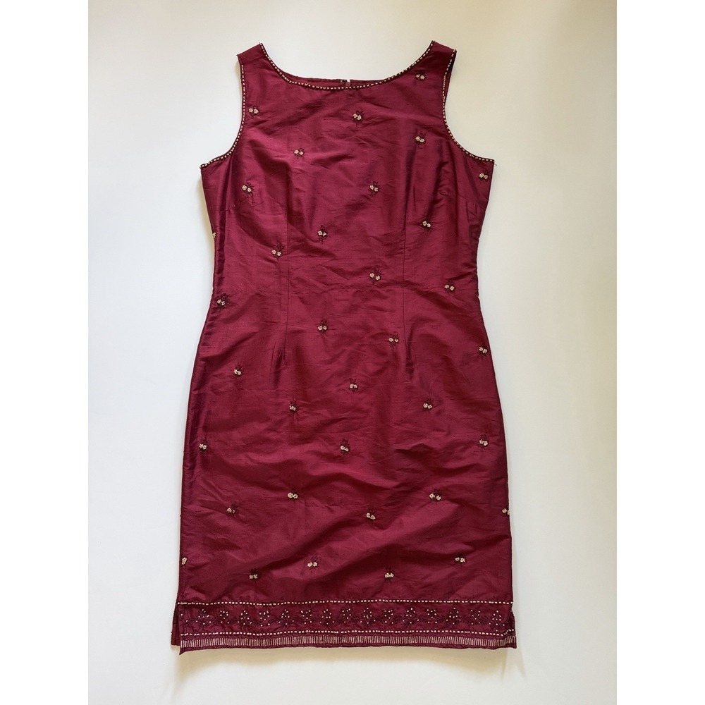 Vintage Charter Club 100% Silk Dress Size 12 Burgundy Beaded Embroidered Sheath